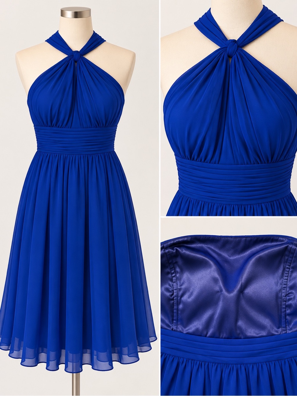 CHANEL Royal Blue One-Shoulder Knotted Halter Dress